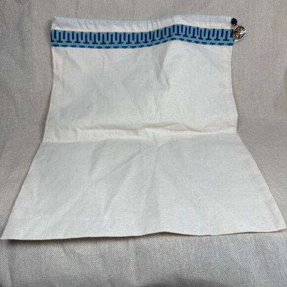 Tory Burch Dust Bag White Cotton Drawstring Pouch Blue Trim Logo Charm - Picture 4 of 5